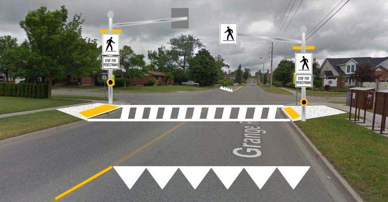 The proposed crossover on Grange Road at Auden Road and Schroder Crescent, and on Waterloo Avenue will include a defined set of roadside signs, pavement markings, and flashing lights.