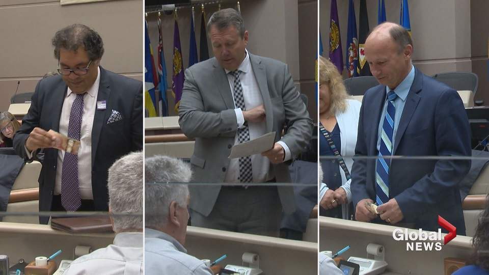 Calgary mayoral candidates Naheed Nenshi, Andre Chabot and Bill Smith on nomination day 2017. 