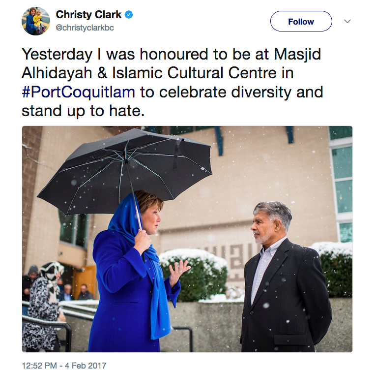 Christy Clark, then the Premier, visited the Masjid Al-Hidayah in February after a gunman killed six Muslims at a Quebec City mosque.