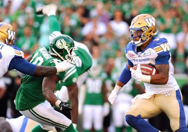 Winnipeg Blue Bombers running back Andrew Harris works his way upfield during second half CFL action against the Saskatchewan Roughriders, in Regina on Sunday, September 3, 2017. Andrew Harris sent some medical advice to one of his Saskatchewan rivals this week. The Blue Bombers running back revealed with a grin what he messaged to a Roughriders defender ahead of Saturday's sold-out Banjo Bowl rematch in Winnipeg.THE CANADIAN PRESS/Mark Taylor