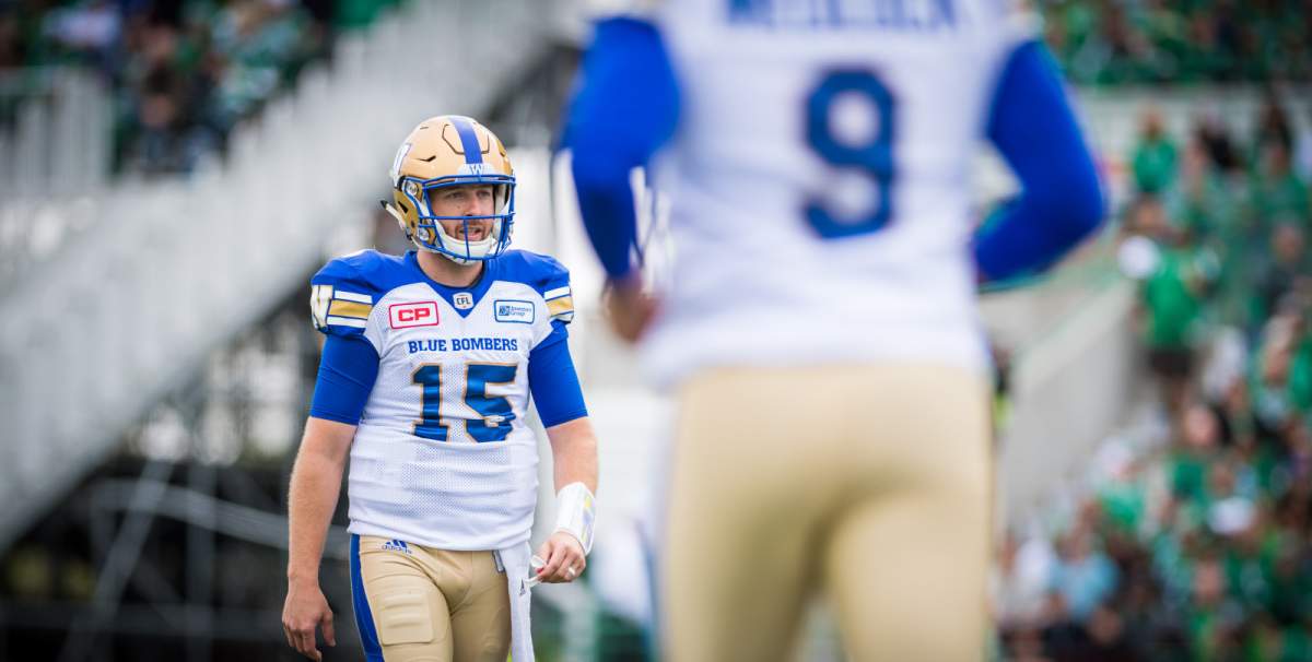 Matt Nichols (15) during the Labour Day game between the Saskatchewan Roughriders and the Winnipeg Blue Bombers at Mosaic Stadium in Regina, SK. Sunday, September 4, 2016. (Photo: Johany Jutras).