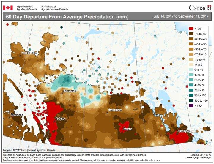 A map from Agriculture and Agri-Food Canada shows moisture levels are significantly down for the southwest corner of Alberta.