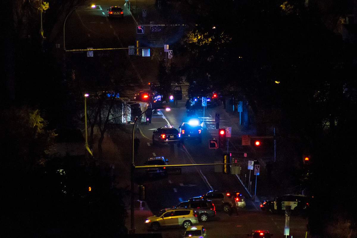 A U-Haul truck ended up on its side on 106 Street, between Jasper Avenue and 100 Avenue after driving through downtown Edmonton on Saturday, September 31, 2017.
