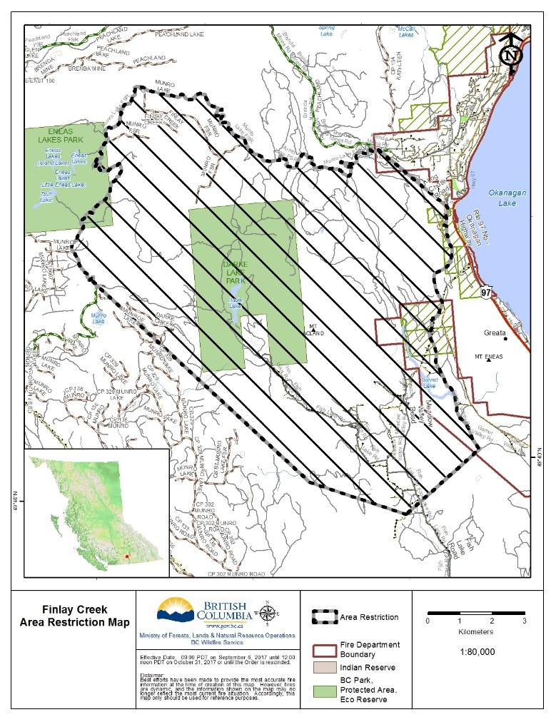 Map of area restrictions for the Finlay Creek wildfire that took effect on Wednesday morning.