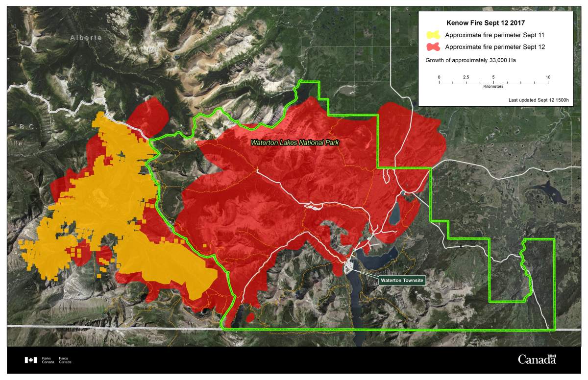 Parks Canada released this map of the Menow Mountain wildfire’s growth as of 7:30 p.m. MT on Tuesday, Sept. 12.