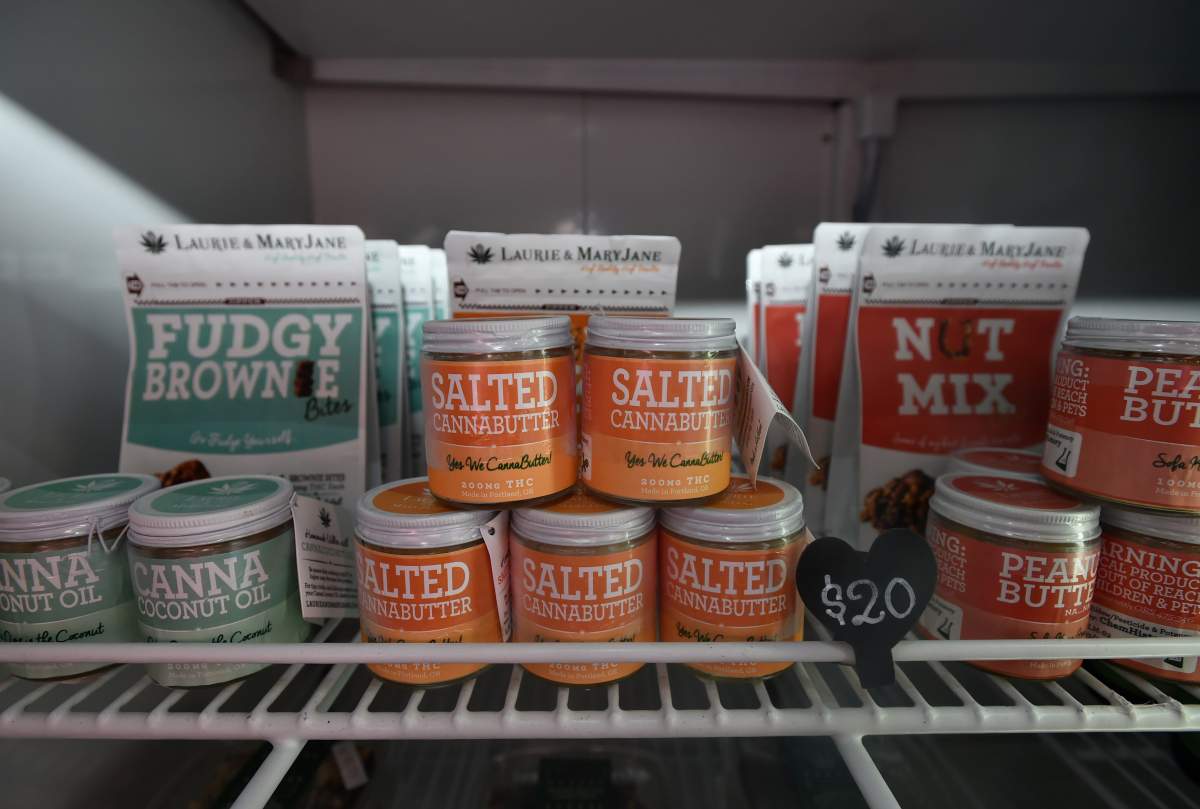 Edible products are seen inside a refrigerator at Oregon's Finest, a marijuana dispensary in Portland, Oregon, in this file image. 