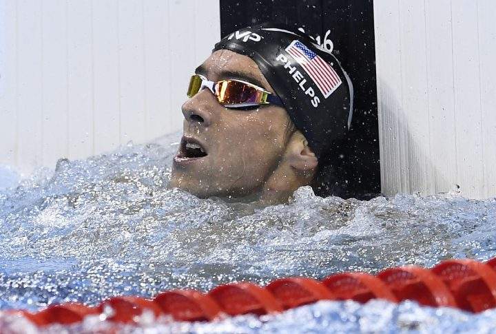 USA’s Michael Phelps reacts after competing in the Men’s 4x100m Freestyle Relay Final during the swimming event at the Rio 2016 Olympic Games at the Olympic Aquatics Stadium in Rio de Janeiro on Aug. 7, 2016.