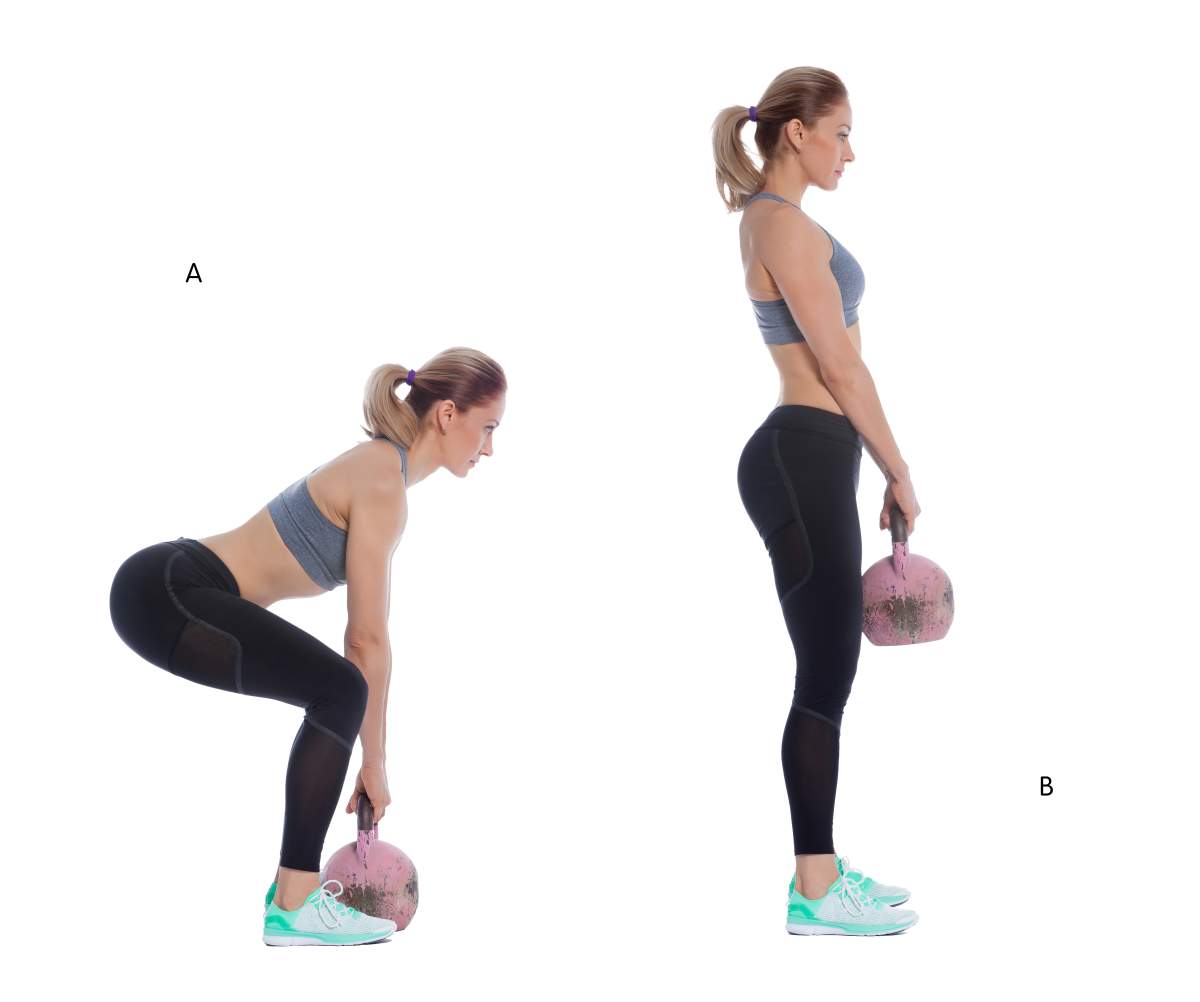 The expert: Amanda Thebe of Fit & Chips of TorontoHow to do it: Stand with feet hip-width apart, with a slight bend in your knees, and keep your back straight and core braced. Start to take your hips back as though they were on a train track, feeling length along the back of your hamstrings. Take hold of a moderate to heavy kettlebell placed between your feet on the floor. Grip the handle tightly and imagine breaking the handle in half to create engagement of the lats, which will, in turn, help support your lower back. With a driving dynamic movement, push the hips forward so you end up in a tall standing position, actively engage your glutes at the top of the movement. For the duration of the exercise ensure your arms are straight but that they are not too relaxed, actively hold onto the kettlebell. When looking down at your shins, they should be at a 90-degree angle to the floor at all times.Why it works: This is a hip hinge exercise should not be confused with a squat. Start with a lighter weighted kettlebell until you have mastered this movement. The purpose of the exercise is to activate both the glutes and hamstrings.