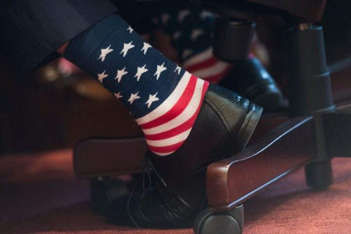Interior Secretary Ryan Zinke dons patriotic socks during a Senate Energy and Natural Resources Committee hearing in Dirksen Building on the department’s FY2018 budget request on June 20, 2017.