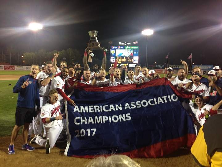 The Winnipeg Goldeyes celebrate their 2017 American Association Championship victory.