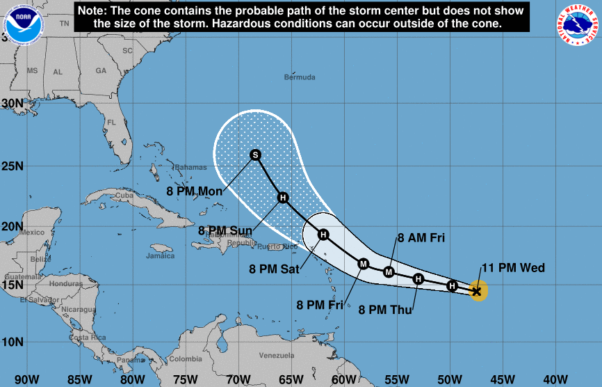 This map shows the track of Hurricane Jose, a storm that could bring winds of up to 110 miles per hour to Caribbean islands that have already been damaged by Irma.