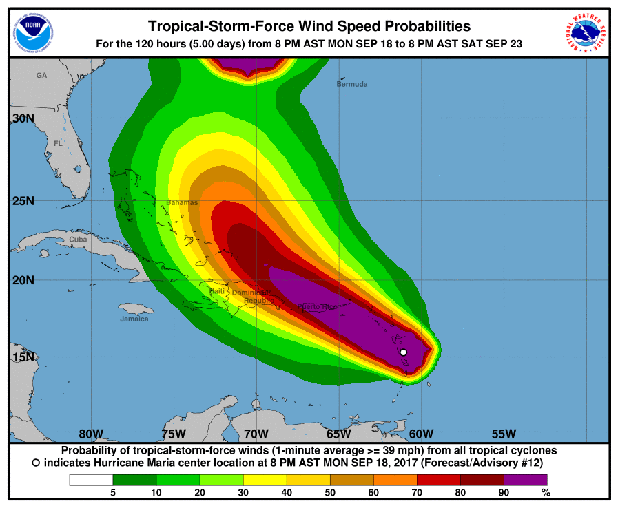 This chart shows wind speed probabilities for Hurricane Maria, as of Sept. 18, 2017.