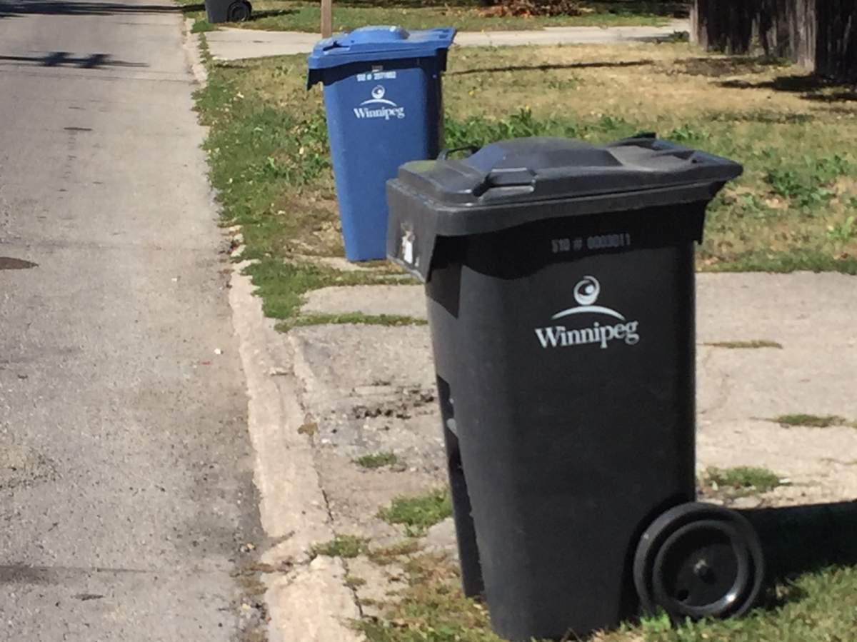 Garbage and recycling bins in Winnipeg, as seen in this 2017 file photo.