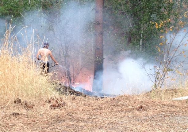 A resident on Pleasantview Rd. in West Kelowna uses a garden hose on a brush fire Friday afternoon.