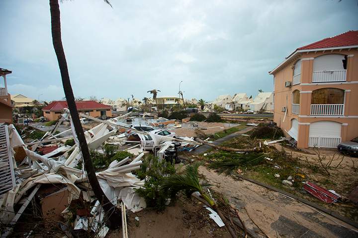 A photo taken on September 6, 2017 shows debris and damaged buildings in French side of Saint Martin, after the passage of Hurricane Irma.