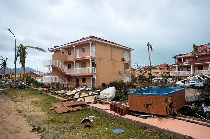 A photo taken on September 6, 2017 shows damage outside a hotel on the French side of Saint Martin, after the passage of Hurricane Irma.