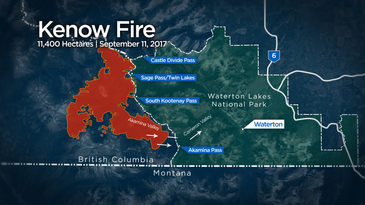 The Kenow Mountain wildfire is crossed into Waterton Lakes National Park on Monday afternoon.