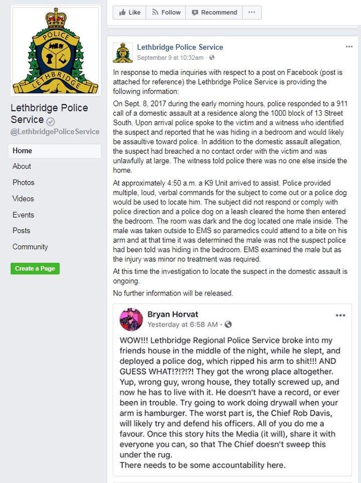 The Lethbridge Police Service released a statement about the incident on their Facebook page.