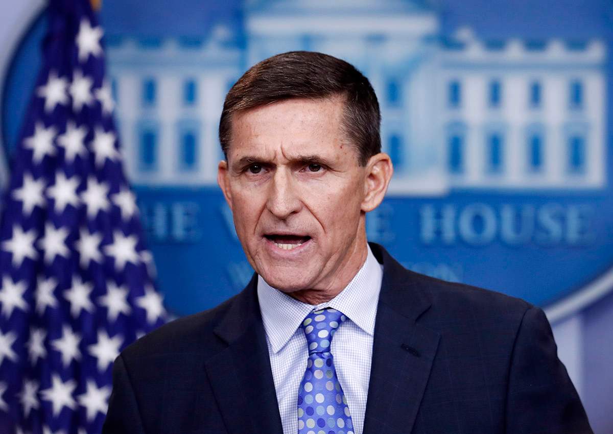  In this Feb. 1, 2017, file photo, National Security Adviser Michael Flynn speaks during the daily news briefing at the White House, in Washington. 