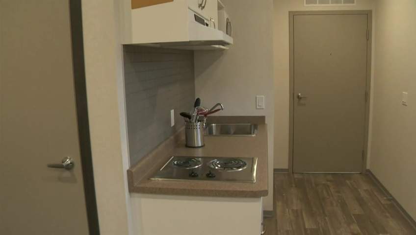 The interior of a unit at a modular housing project in Vancouver.
