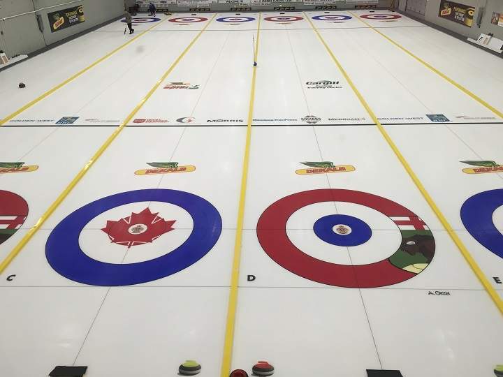 An overhead look at the hand-painted rings at the Morris Curling Club.
