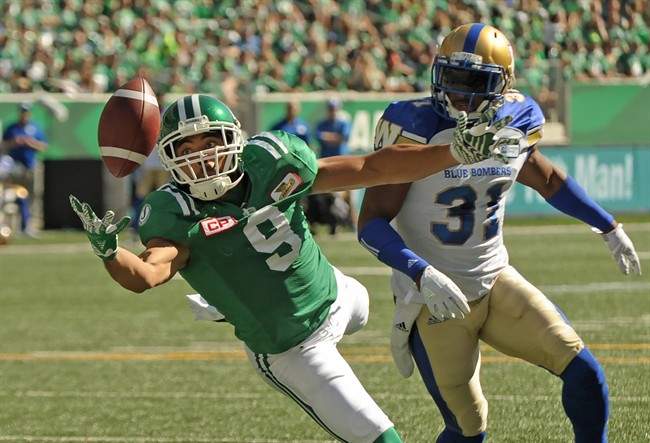 cSaskatchewan Roughriders wide receiver Nic Demski, left, stretches out for a pass as Winnipeg Blue Bombers defensive back Maurice Leggett looks on during first half CFL action in Regina on Sunday, September 3, 2017. THE CANADIAN PRESS/Mark Taylor
