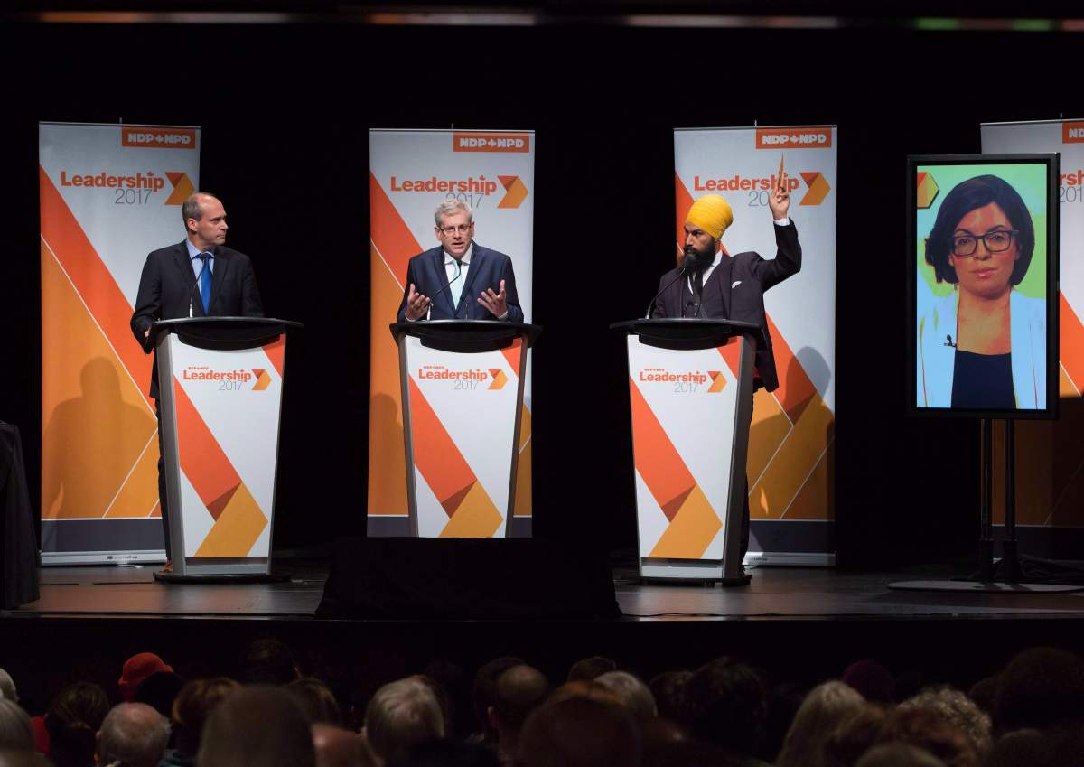 Guy Caron, from left to right, Charlie Angus, Jagmeet Singh and Niki Ashton, via satellite from Ottawa, participate in the final federal NDP leadership debate in Vancouver on September 10, 2017. 