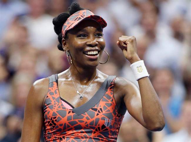 Venus Williams, of the United States, celebrates after defeating Petra Kvitova, of the Czech Republic, 6-3, 3-6, 7-6 (2) in a quarterfinal at the U.S. Open tennis tournament in New York, Tuesday, Sept. 5, 2017.