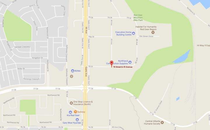 A map showing part of Red Deer, Alta. The red marker indicates the area near where police have shut down part of a road to investigate an “unknown substance” that may have been found in a pickup truck.