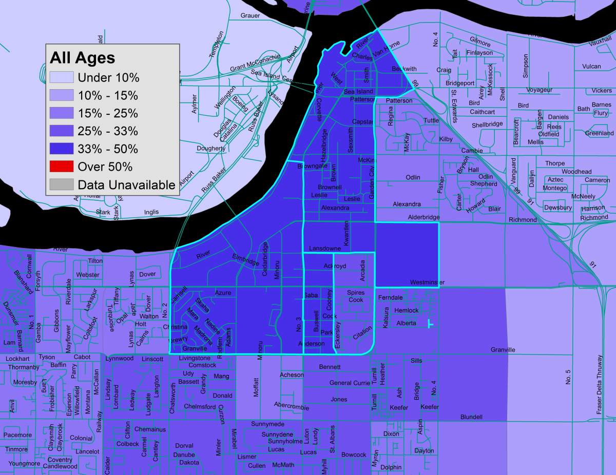 A map of Census tracts in Richmond City Centre, showing a relatively high concentration of people in low income.