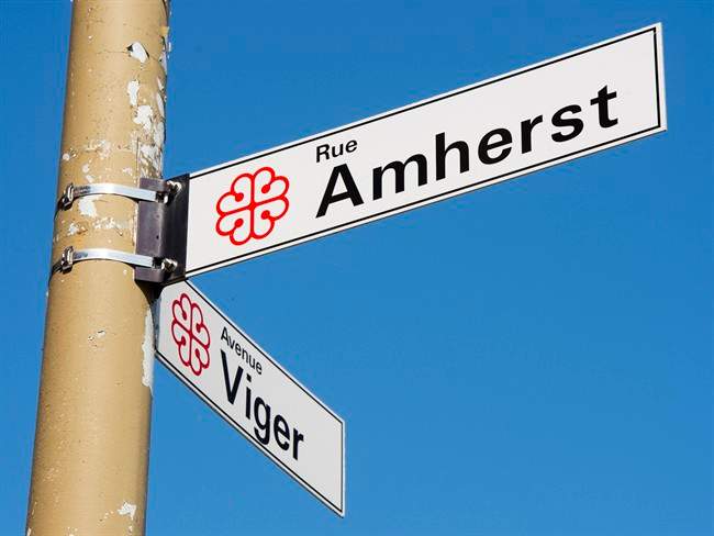 The sign for Amherst street is seen Wednesday, September 13, 2017 in Montreal. Amherst Street is named after the British general who supported giving smallpox-laced blankets to the Indigenous people living here in the 1700s.