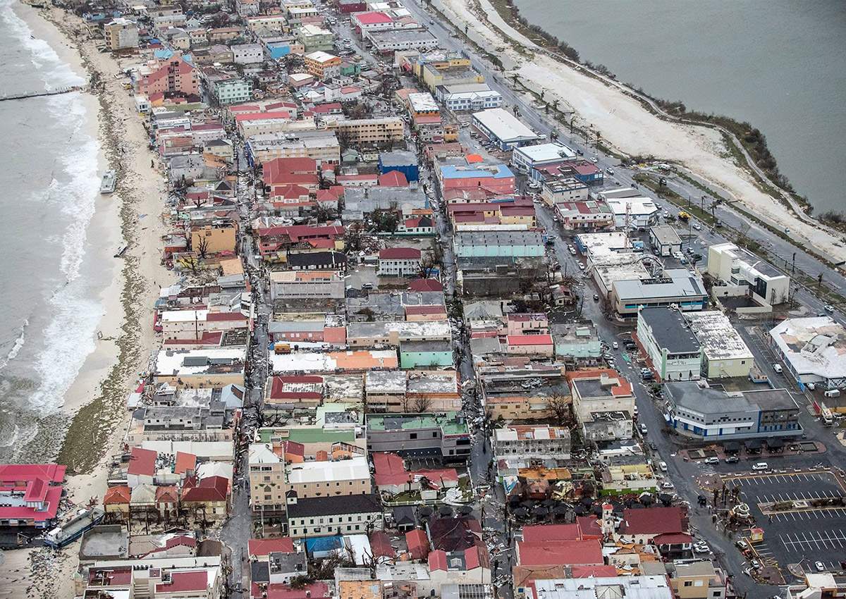 This handout photo by the Dutch Department of Defense shows an ariel view of Hurricane Irma damage on the Dutch Caribbean island of Sint Maarten (Saint Martin) on September 6, 2017. 