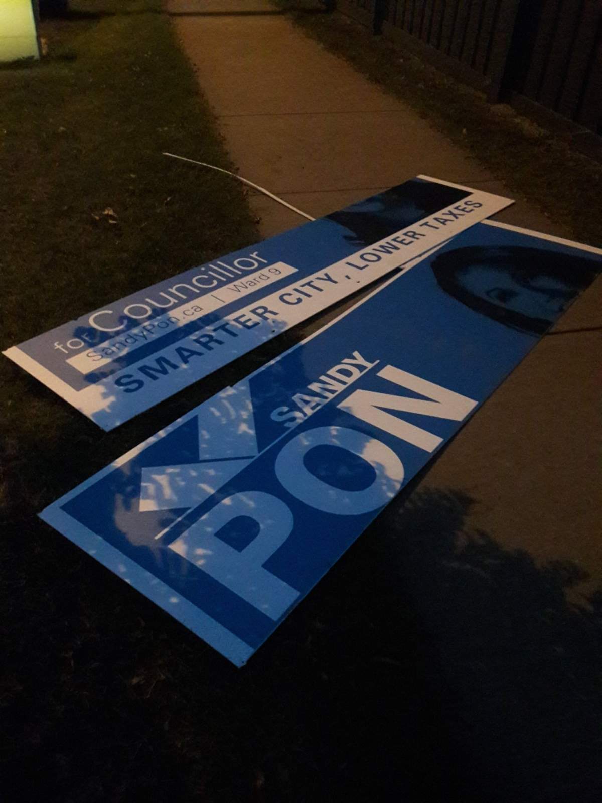 Candidate Sandy Pon’s election campaign signs were damaged in early September.
