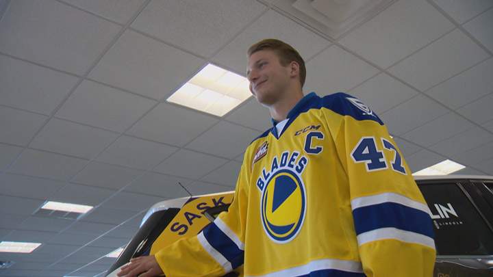 Evan Fiala sports the Saskatoon Blades new third jersey after he was named captain of the 2017-18 team.