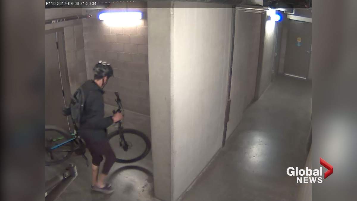 Surveillance video shows the alleged thief leaving a bike storage room in a Calgary condo building.
