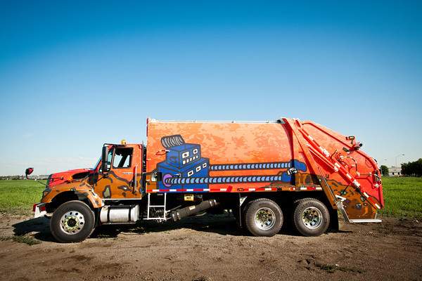 Art-wrapped City of Edmonton Waste Collection Vehicle by Edmonton Arts Council.
Artist: Jeff Chan. 
