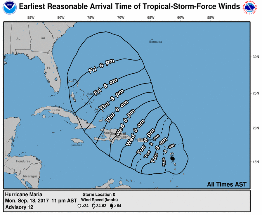 This map shows the earliest reasonable arrival time of tropical storm-force winds for Hurricane Maria, as of Sept. 18, 2017.