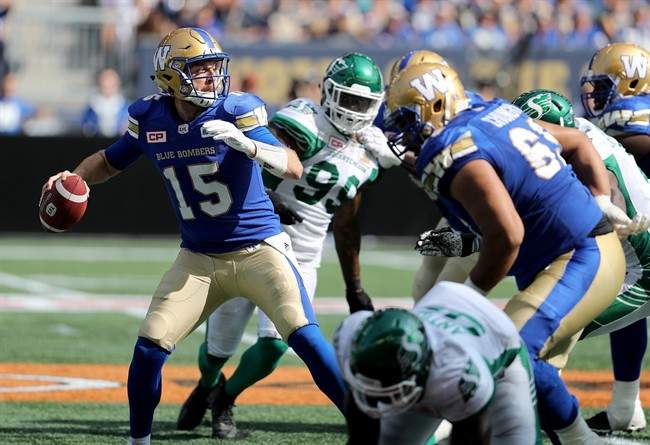 Winnipeg Blue Bombers' quarterback Matt Nichols (15) looks to pass before being sacked during the first half of CFL football action against the Saskatchewan Roughriders' in Winnipeg, Saturday, September 9, 2017. 