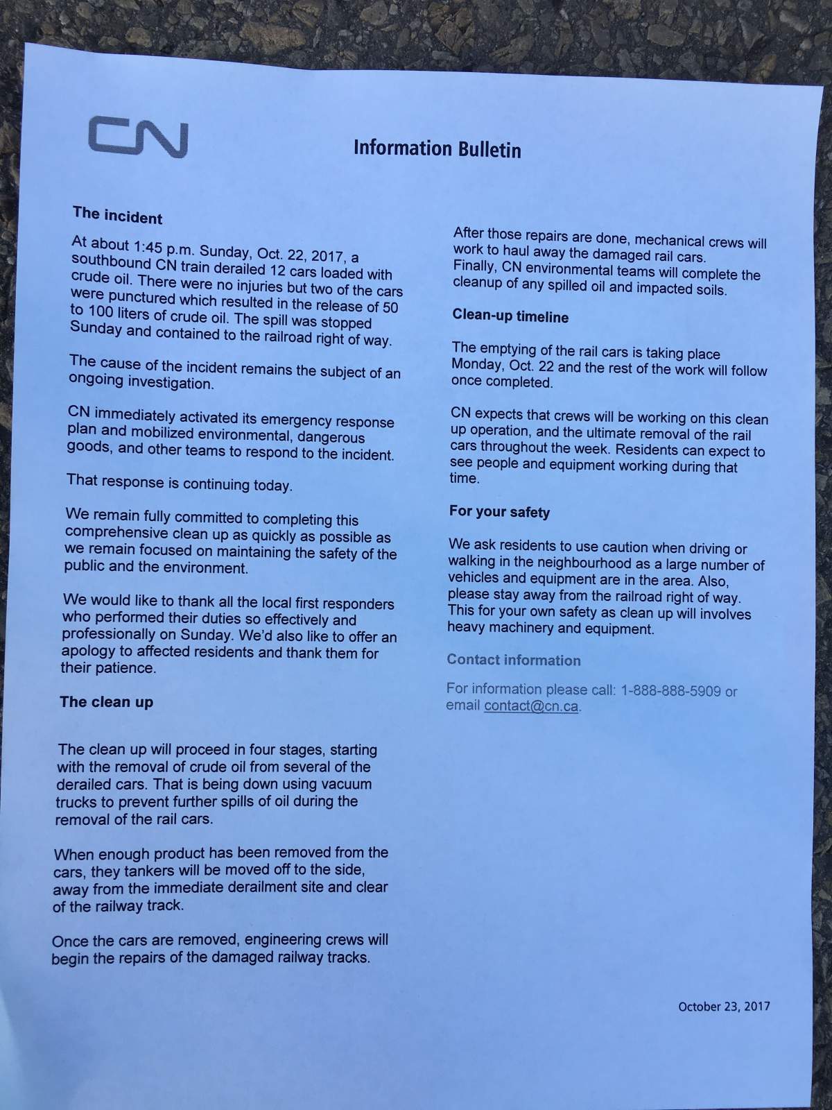 CN provided a letter to residents impacted by the derailment Sunday, Oct. 22, 2017.