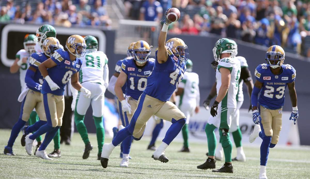 Winnipeg Blue Bombers LB Jovan Santos-Knox celebrates his interception during first quarter CFL action between the Bombers and the Saskatchewan Roughriders in Winnipeg on Saturday, Sept. 9, 2017. (CFL PHOTO – Jason Halstead)