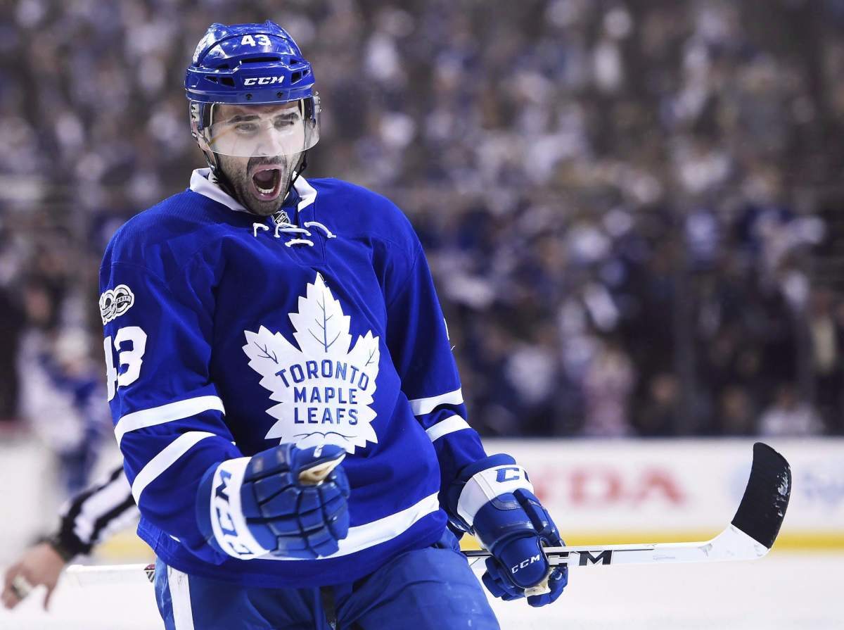 Toronto Maple Leafs centre Nazem Kadri (43) celebrates his goal against the Washington Capitals during second period NHL hockey round one playoff action in Toronto on April 17, 2017. Whether it's been personal stumbling blocks, front-office changes or criticism from the organization and the media, Nazem Kadri has faced his fair share of adversity since being drafted in 2009. Even he's surprised to be attending another Leafs training camp. THE CANADIAN PRESS/Nathan Denette.