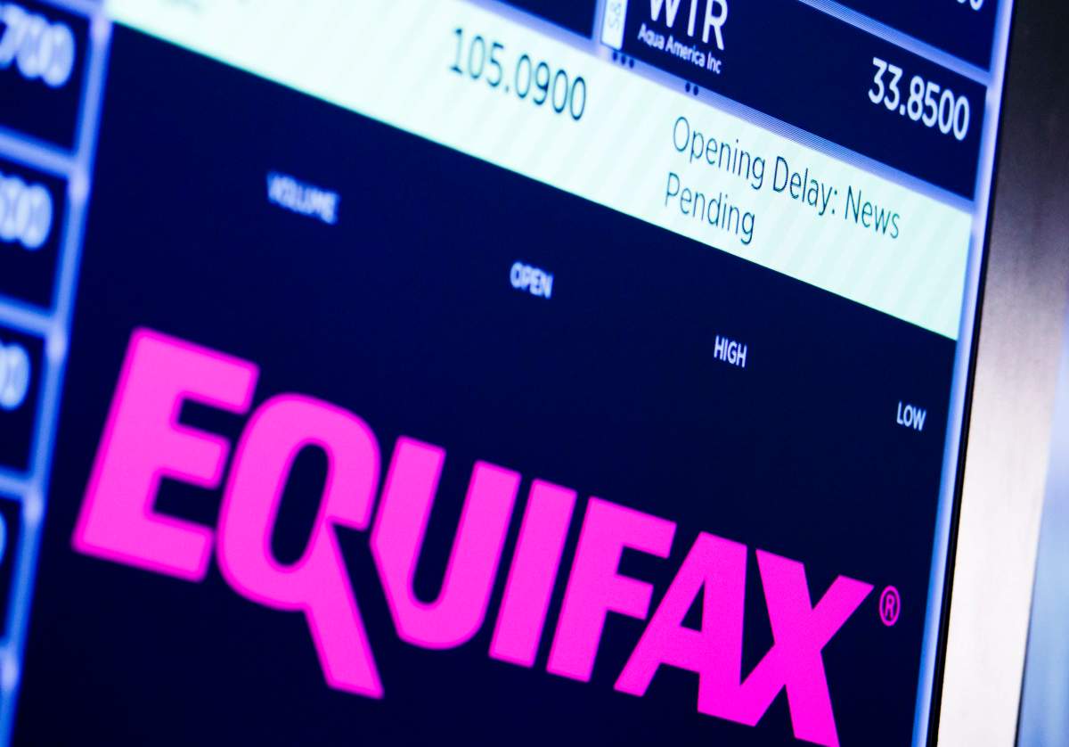 A view of a sign at the New York Stock Exchange for the company Equifax showing a delay in the stock's opening as news broke that the company's CEO Richard Smith was stepping down in New York, New York, USA, on 26 September 2017.  