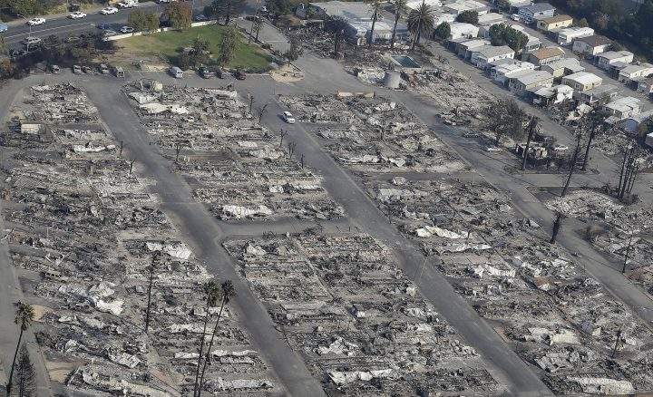 Homes destroyed by fires are seen from an aerial view at Journey’s End mobile home park in Santa Rosa, Calif., on Wednesday, Oct. 11, 2017.