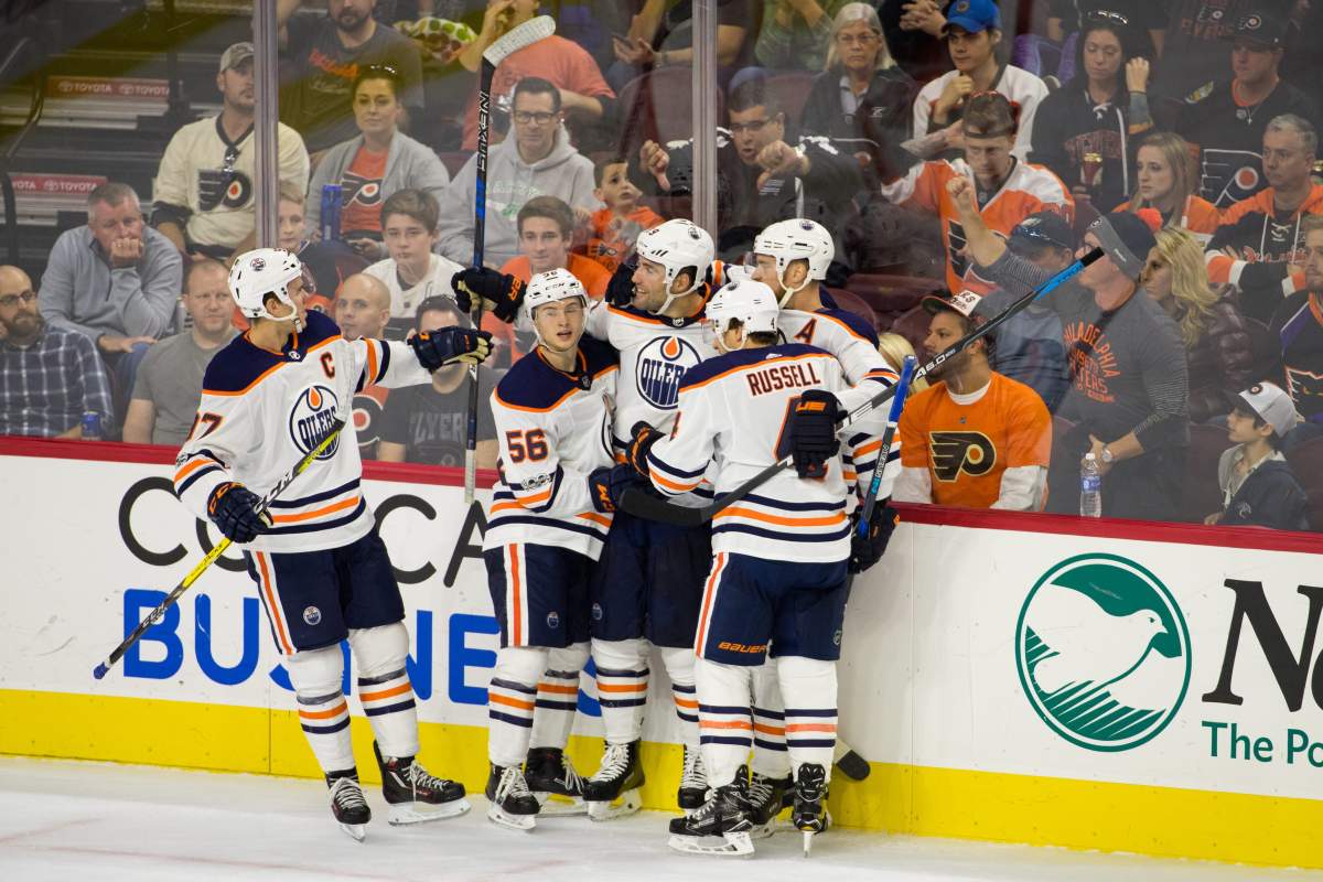 Edmonton Oilers left wing Patrick Maroon (19) celebrates his goal with teammates during the NHL game between the Edmonton Oilers and Philadelphia Flyers at Well Fargo Center in Philadelphia, Pennsylvania. Christopher Szagola\CSM NHL Oilers vs Flyers, Philadelphia, USA – 21 Oct 2017