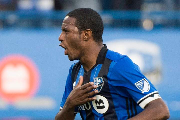 Montreal Impact's Patrice Bernier celebrates after scoring during first half MLS soccer action against the New England Revolution, in Montreal on Sunday, October 22, 2017.