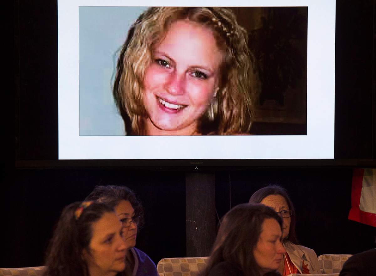 A family photo of Loretta Saunders is projected during testimony at the National Inquiry into Missing and Murdered Indigenous Women and Girls, in Membertou, N.S. on Monday, Oct. 30, 2017.