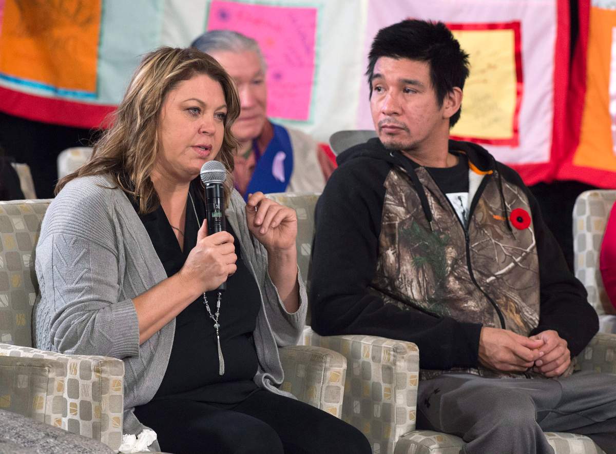 Cheryl Maloney, speaking on behalf of the family of Victoria Rose Paul from Indian Brook, N.S., testifies at the National Inquiry into Missing and Murdered Indigenous Women and Girls, as Paul’s son Deveron Paul looks on in Membertou, N.S. on Tuesday, Oct. 31, 2017.
