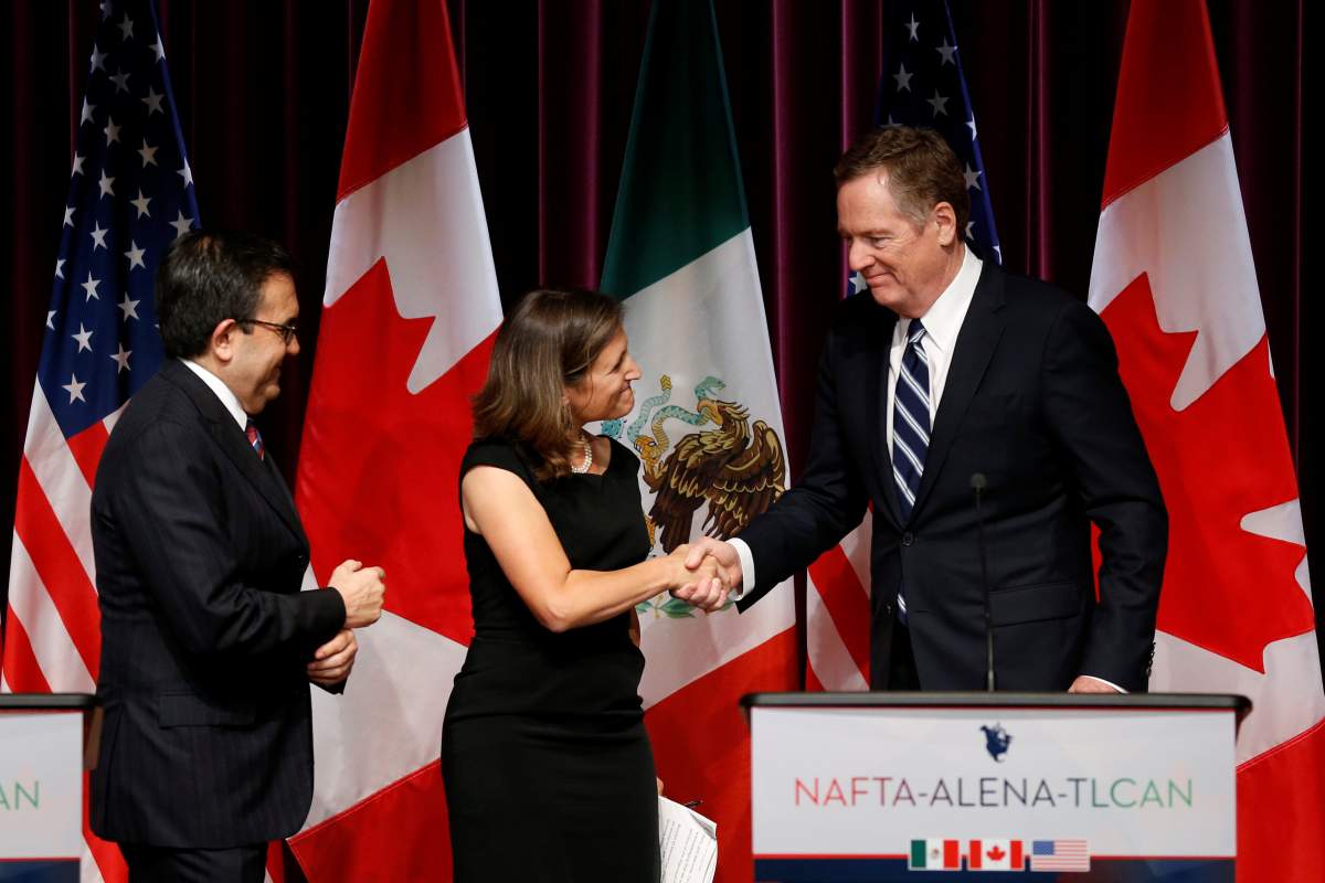 Mexico’s Economy Minister Ildefonso Guajardo (L) looks on as Canada’s Foreign Minister Chrystia Freeland (C) and U.S. Trade Representative Robert Lighthizer shake hands at the close of the third round of NAFTA talks involving the United States, Mexico and Canada in Ottawa, Ontario, Canada, September 27, 2017.