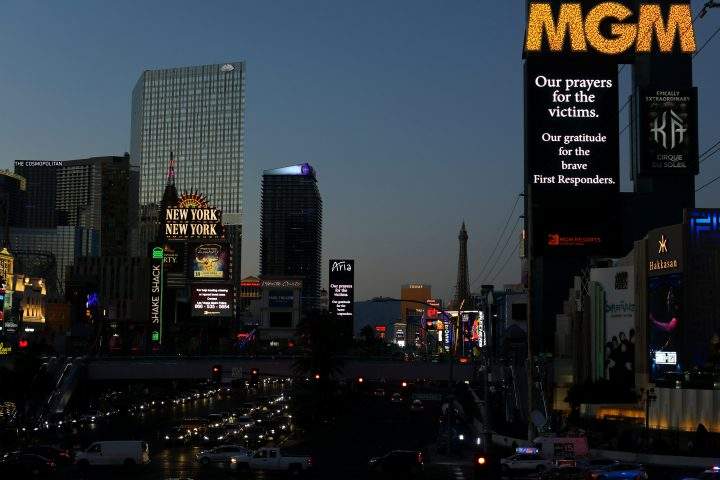 Las Vegas Boulevard lights-up with with signs for the victims and first responders after a mass shooing at the Route 91 Harvest Country Music Festival in Las Vegas.