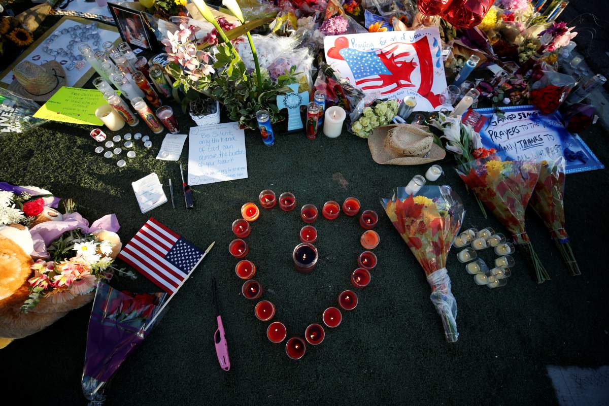 A makeshift memorial is pictured in the middle of Las Vegas Boulevard following the mass shooting in Las Vegas, Nevada, U.S., October 5, 2017.
